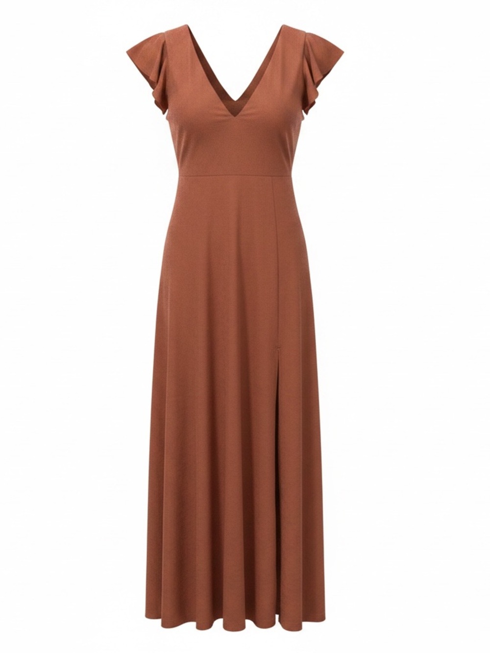 Birdie Grey V-Neck Flutter Sleeve Maxi Dress in Terracotta